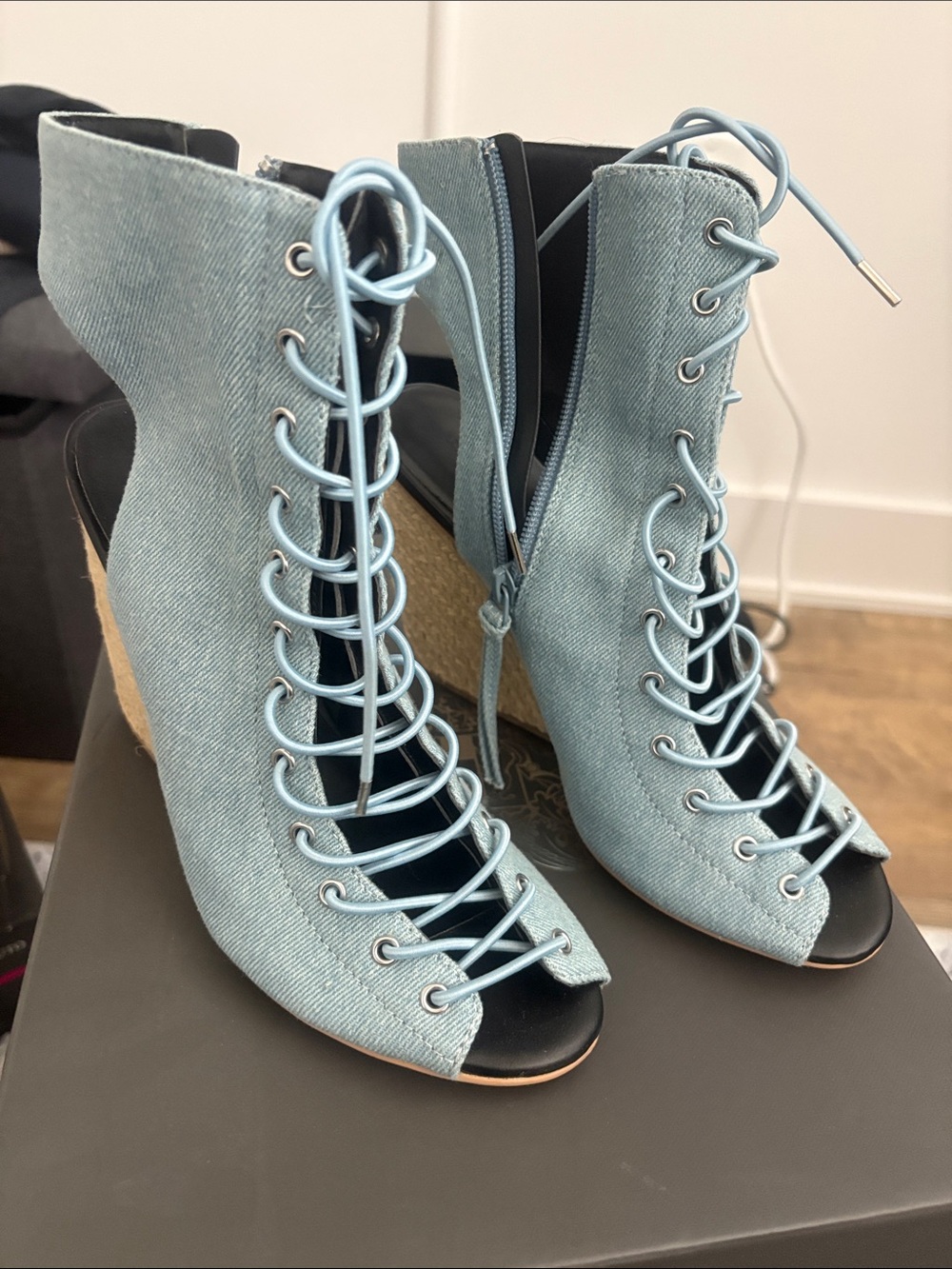 Rebecca Minkoff Light Blue Lace-Up Peep Toe Wedge Booties